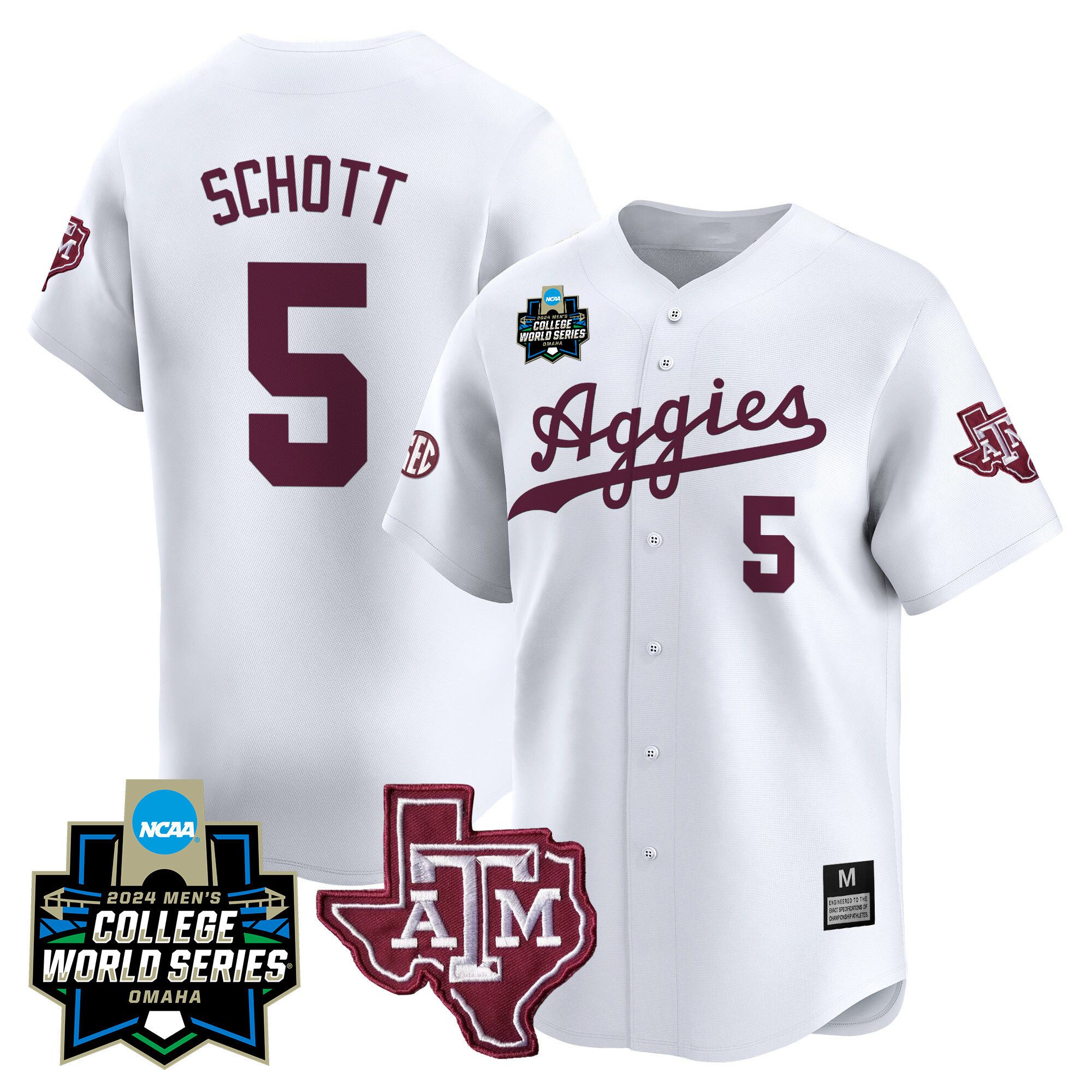 Men Texas A&M Aggies #5 Schott White 2024 College World Series Vapor Premier Limited NCAA Jersey